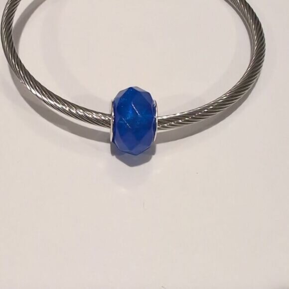 Silver Glittery Blue Faceted Charm for Pandora Style Bracelet - Picture 1 of 4